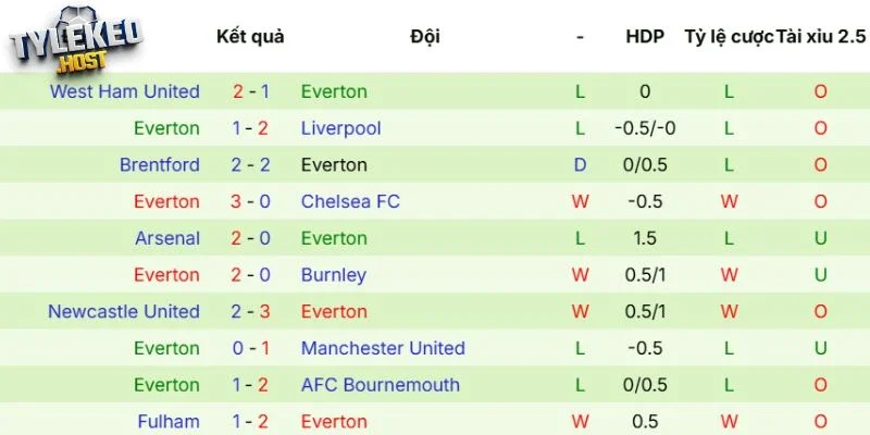 Everton trong các trận gần nhất