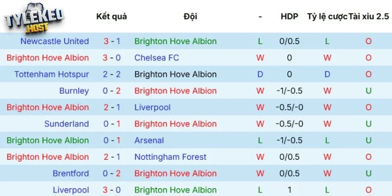 Kết quả Brighton trong chuỗi trận vừa qua