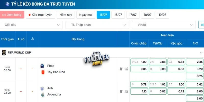 Tỷ lệ kèo trận bán kết Anh vs Argentina 